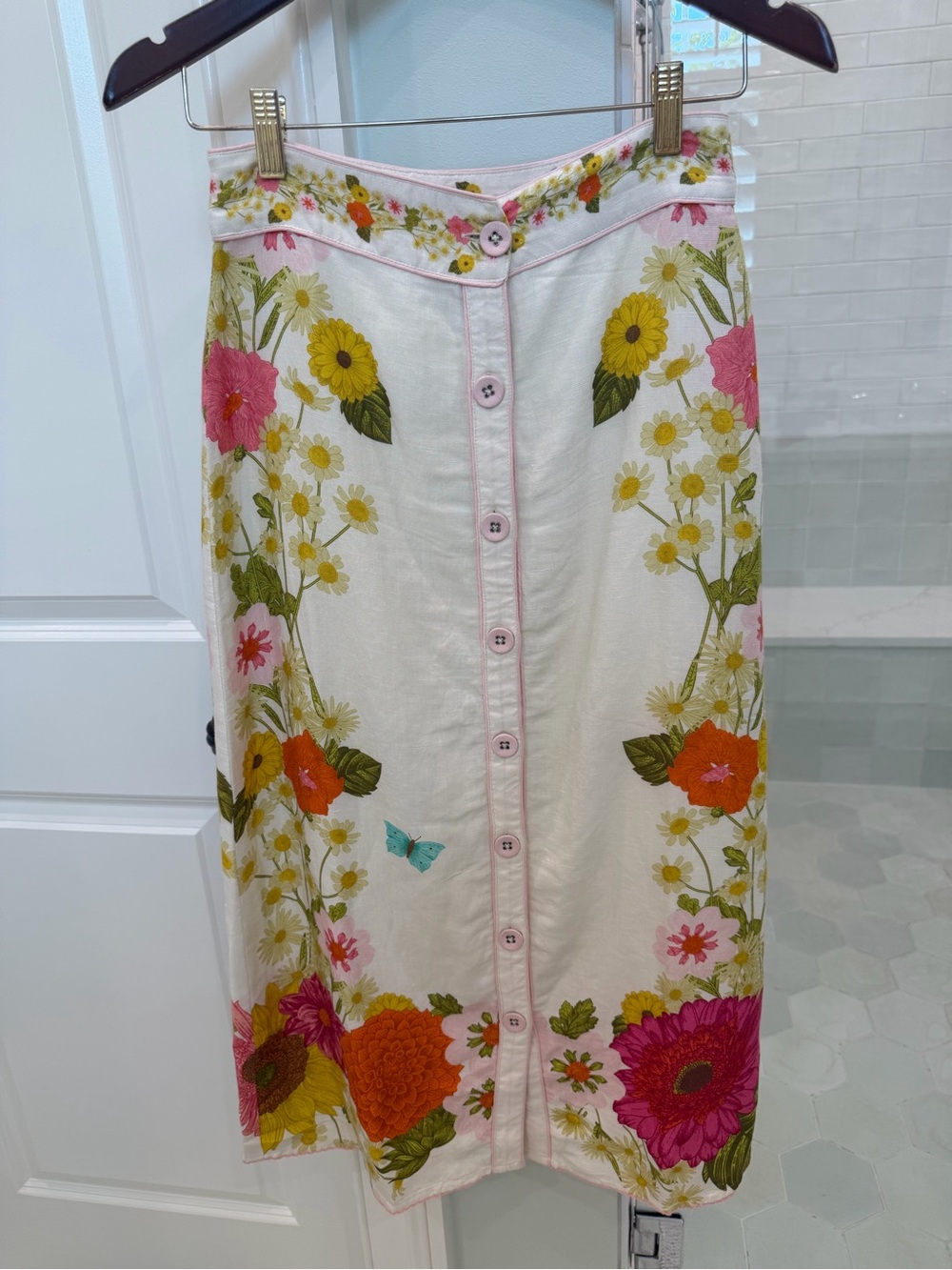 Embroidered Floral Button-Front Midi Skirt - Cream with Pink & Yellow Flowers